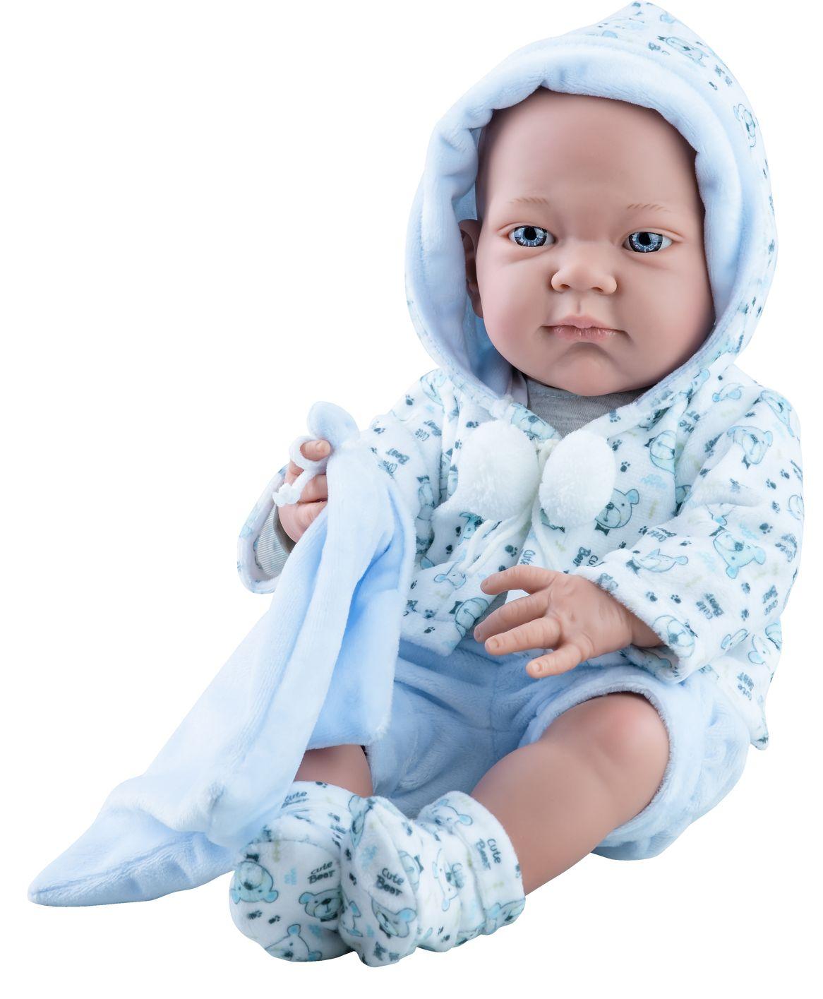 Realistické miminko - kluk - Pikolin v kabátku s bambulkami od firmy Paola Reina