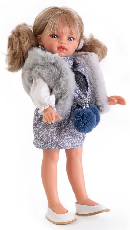 Realistická panenka Emily v šedé huňaté vestě