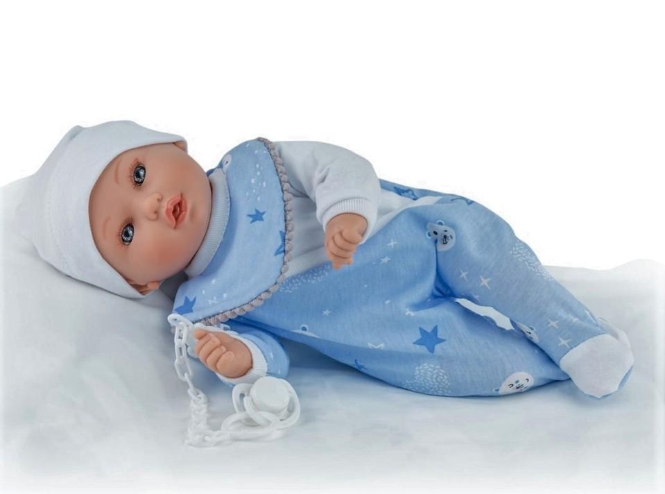 Realistické miminko - chlapeček Albín s modrým bryndáčkem od španělské firmy Mar
