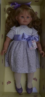 Realistická panenka PEPA - šaty s fialovou mašlí - od firmy ASIVIL ze Španělska