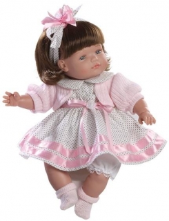  Realistická panenka holčička Claudia v puntíkových šatech od firmy Berjuan